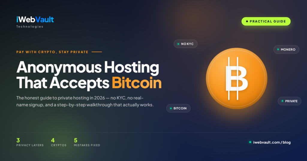 Anonymous hosting with Bitcoin payment — illustration showing Bitcoin coin and privacy tags