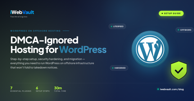 WordPress logo with offshore shield protection — DMCA-ignored hosting setup illustration