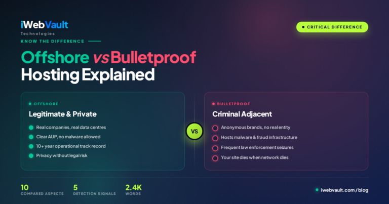 Side-by-side comparison of offshore hosting and bulletproof hosting showing legitimate use vs cybercrime association