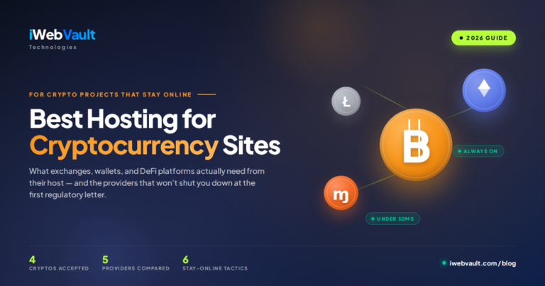 Cryptocurrency website hosting illustration with Bitcoin, Ethereum, Monero, and Litecoin coins connected by network lines, with always-on and under-50ms uptime indicators